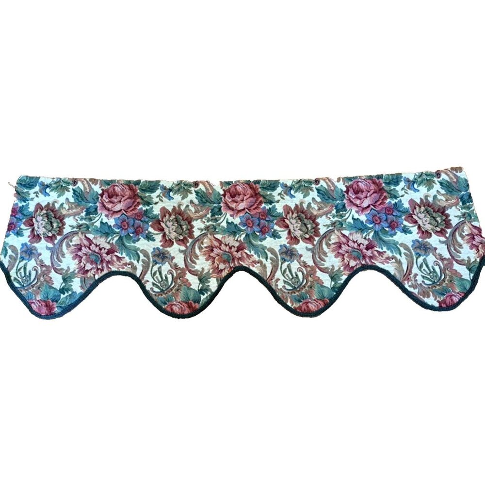 Tapestry Floral Valance Red Green Blue Rose Jacobean Garden Scalloped 47x15